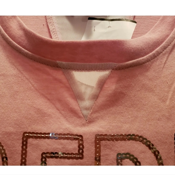 Bebe Sport Top Large PEONY Long Sleeve Sheer White Stripe On Arm Sequins… - Picture 4 of 9